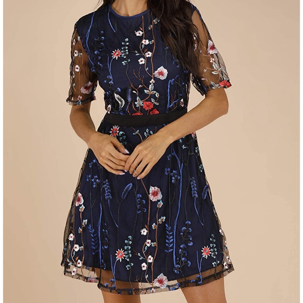 Floral Embroidered Mesh Layered Dress